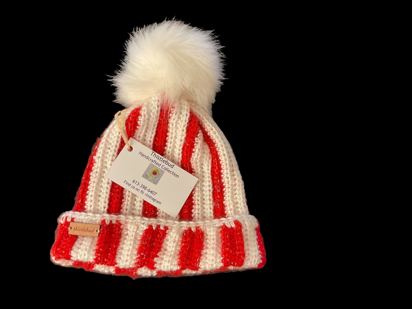Hat -Candy Cane Stripe red. With Pom Pom Thistlebud