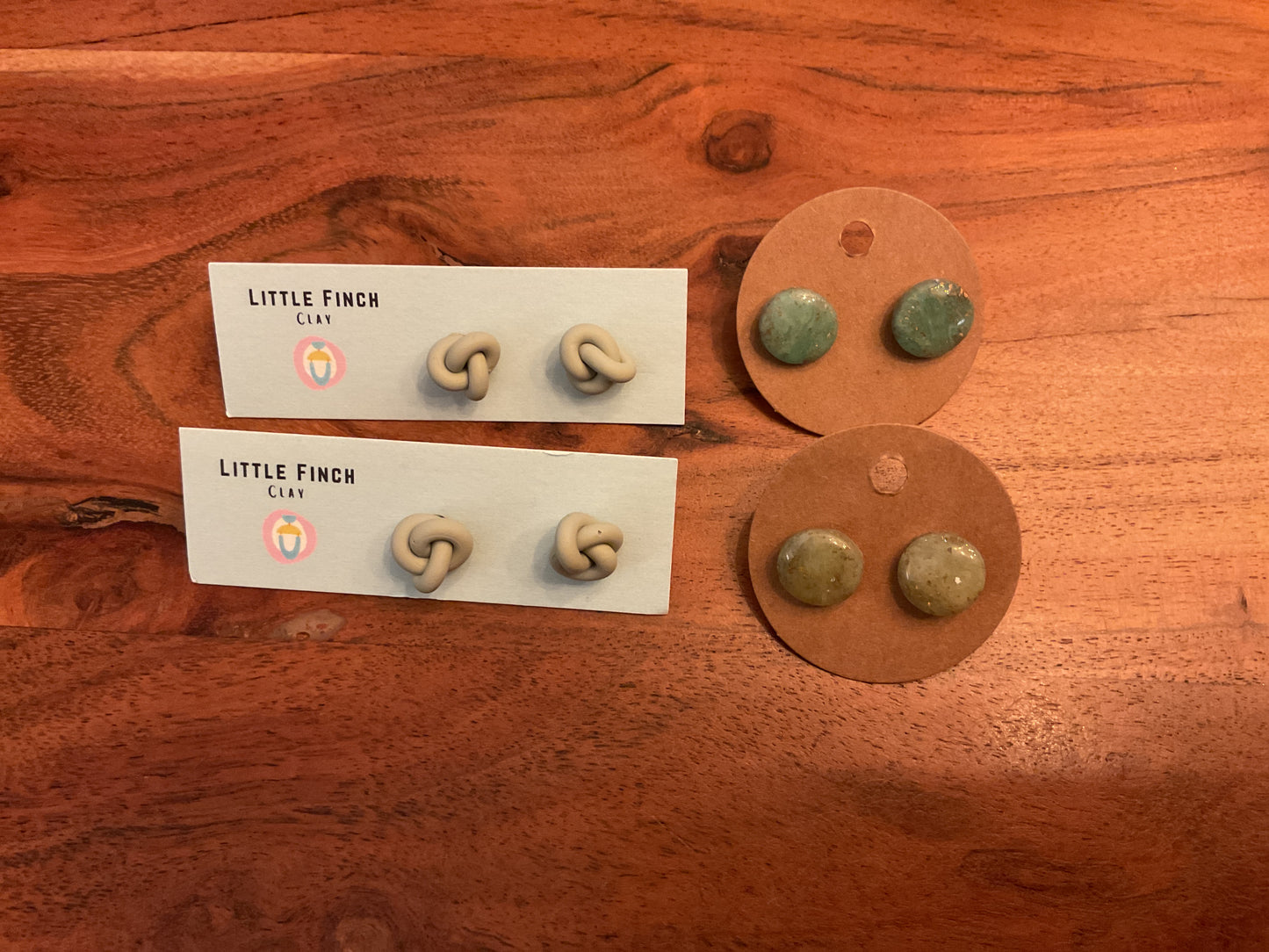 Earrings Studs: Sunflower, Green Knot, Green Round Resin,